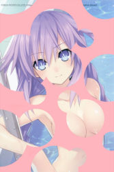 Rule 34 | 10s, 1girl, armpits, blue eyes, braid, breasts, breasts apart, bright pupils, bubble filter, caustics, censored, censored nipples, cleavage, female focus, hair between eyes, long hair, neptune (neptunia), neptune (series), nude, official art, power symbol-shaped pupils, purple hair, purple heart (neptunia), smile, solo, source request, symbol-shaped pupils, tsunako, twin braids, very long hair