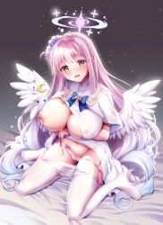 Rule 34 | 1girl, :d, alternate breast size, angel wings, arm support, arm under breasts, blue archive, blue bow, blue bowtie, blue hair, blush, bow, bowtie, breast rest, breasts, capelet, clothes lift, clothes pull, covered erect nipples, crescent, crescent moon, crescent pin, curly hair, feathered wings, flower, full body, geko, gradient hair, groin, hair bun, hair flower, hair ornament, halo, hand on own chest, huge breasts, lifted by self, long hair, looking at viewer, loose panties, midriff, mika (blue archive), moon, multicolored hair, navel, no bra, one breast out, open mouth, panties, panty pull, pantyhose, pantyhose pull, pink hair, pink panties, purple flower, see-through, shirt, shirt lift, side-tie panties, single side bun, sitting, skirt, skirt lift, smile, solo, star pin, underwear, undressing, very long hair, white capelet, white pantyhose, white shirt, white skirt, white wings, wings, yellow eyes