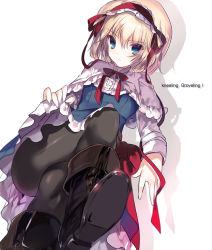 Rule 34 | 1girl, alice margatroid, bad id, bad pixiv id, black pantyhose, blonde hair, blue dress, boots, capelet, cierra (ra-bit), clothes lift, crossed legs, dress, dress lift, hairband, lolita hairband, long sleeves, looking at viewer, md5 mismatch, pantyhose, revision, ribbon, sash, shirt, sitting, solo, touhou, upskirt