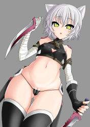 Rule 34 | 1girl, animal ears, bandages, bare shoulders, black panties, black thighhighs, breasts, cat ears, cleft of venus, covered erect nipples, dagger, dual wielding, fate/apocrypha, fate (series), gloves, green eyes, highres, holding, jack the ripper (fate/apocrypha), kemonomimi mode, knife, looking at viewer, panties, pussy, pussy peek, scar, short hair, silver hair, small breasts, solo, suiruu (yuriusu), thighhighs, underwear, weapon