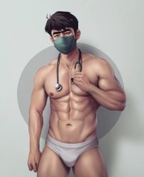 Rule 34 | 1boy, abs, bara, black hair, briefs, bulge, doctor, highres, large pectorals, looking at viewer, male underwear, mask, mouth mask, muscular, muscular male, nerdyart1, nipples, original, pectorals, short hair, simple background, solo, stethoscope, surgical mask, thick eyebrows, thick thighs, thighs, underwear, veins, veiny arms, white male underwear