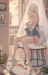 Rule 34 | 1girl, absurdres, alternate costume, bare legs, bare shoulders, book, bookshelf, braid, breasts, candle, chinese commentary, cleavage, commentary request, contemporary, crop top, cushion, dappled sunlight, dolphin shorts, dusk, earrings, evening, falling petals, flower knot, genshin impact, glass, green eyes, green jacket, hair over one eye, highres, indoors, jacket, jewelry, legs, long hair, long sleeves, looking at viewer, low-braided long hair, low-tied long hair, medium breasts, midriff, navel, nora (pixiv30350269), off shoulder, one eye covered, open clothes, open jacket, painting (object), parted lips, petals, pink shorts, plant, potted plant, red ribbon, ribbon, rose petals, rug, see-through, shenhe (genshin impact), shoes, short shorts, shorts, sidelocks, single braid, sitting, sneakers, socks, solo, speaker, stomach, sunlight, swept bangs, tank top, tassel, tassel earrings, tiptoes, wax, white curtains, white footwear, white hair, white socks, white tank top, window