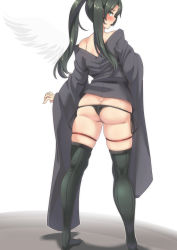 Rule 34 | 1girl, arm at side, ass, back, bare shoulders, black panties, blush, boots, breasts, butt crack, commentary request, from behind, full body, green eyes, green hair, green thighhighs, grey hair, hair between eyes, hair ribbon, highres, japanese clothes, kantai collection, konoshige (ryuun), long hair, looking at viewer, lowleg, lowleg panties, no pants, panties, parted lips, ribbon, side-tie panties, skindentation, small breasts, solo, standing, thigh boots, thigh strap, thighhighs, thighs, twintails, underwear, white ribbon, wide sleeves, zuikaku (kancolle), zuikaku kai ni (kancolle)