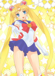 Rule 34 | 1990s (style), 1girl, bishoujo senshi sailor moon, blonde hair, blue eyes, boots, bow, brooch, choker, double bun, earrings, gloves, hair ornament, hairpin, jewelry, long hair, looking at viewer, magical girl, memeo (candy house), pleated skirt, ribbon, sailor collar, sailor moon, skirt, smile, solo, tiara, tsukino usagi, twintails, very long hair, white gloves