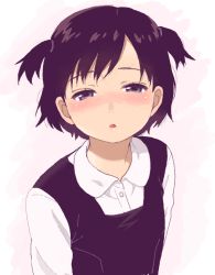 Rule 34 | 1girl, black hair, blush, grey eyes, imminent kiss, incoming kiss, lips, looking at viewer, mattaku mousuke, open mouth, original, puckered lips, short hair, short twintails, solo, twintails, white background