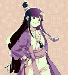 Rule 34 | 1girl, ace attorney, black hair, blunt bangs, closed mouth, hair ornament, half updo, hands on own hips, hanten (clothes), jacket, japanese clothes, jewelry, kimono, limited palette, long hair, long sleeves, looking at viewer, magatama, magatama necklace, maya fey, necklace, parted bangs, purple jacket, sash, sidelocks, smile, solo, standing, taba (tb gya), v-shaped eyebrows, wide sleeves