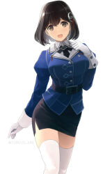 Rule 34 | 1girl, black hair, black skirt, breasts, brown eyes, gloves, haguro (kancolle), hair between eyes, hair ornament, jacket, juliet sleeves, kantai collection, large breasts, long sleeves, military uniform, open mouth, puffy sleeves, purple jacket, short hair, simple background, skirt, smile, solo, thighhighs, tomoyo kai, twitter username, uniform, white background, white gloves, white thighhighs