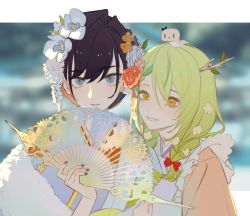 Rule 34 | 2girls, absurdres, animal, animal on head, antlers, black hair, blue eyes, bow, braid, branch, ceres fauna, ceres fauna (new year), commentary, flower, folding fan, green hair, grey nails, hair bow, hair flower, hair ornament, hand fan, highres, holding, holding fan, hololive, hololive english, horns, japanese clothes, kimono, looking at viewer, multiple girls, nail polish, on head, ouro kronii, ouro kronii (new year), red bow, ryuko lee, short hair, smile, snake, symbol-only commentary, twin braids, upper body, virtual youtuber, yellow eyes