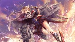 Rule 34 | 1girl, american flag legwear, anchor, azur lane, blonde hair, blurry, boots, cannon, cape, cleveland (azur lane), cloud, deal with it (meme), depth of field, dutch angle, unworn eyewear, feet out of frame, fingerless gloves, gloves, grin, highres, holding, holding removed eyewear, kuroi susumu, long hair, looking at viewer, machinery, meme, outdoors, red eyes, skirt, sky, sleeves rolled up, smile, socks, solo, splashing, standing, standing on one leg, star (symbol), star print, sunglasses, sunlight, turret, twilight, water, water drop