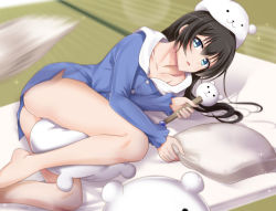Rule 34 | 1girl, artist request, ass, barefoot, bed, between legs, black hair, blue eyes, breasts, collarbone, indoors, kagura hikari, long hair, looking at viewer, lying, on bed, open mouth, pajamas, pillow, shoujo kageki revue starlight, small breasts, solo, tagme, thighs