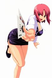 Rule 34 | 1girl, breasts, card, cleavage, croupier, highres, holding, holding card, koutaro, large breasts, legs, long legs, miniskirt, pencil skirt, pink hair, rio rollins, skirt, solo, super blackjack, thighs