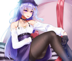 Rule 34 | 1girl, ajax (azur lane), ajax (valentine&#039;s reward?) (azur lane), azur lane, bare shoulders, black choker, black gloves, black pantyhose, blue hair, blush, boots, breasts, choker, collarbone, dress, gift, gloves, hat, highres, holding, holding gift, jewelry, kuzya, long hair, looking at viewer, necklace, open mouth, pantyhose, purple eyes, purple hat, simple background, sitting, small breasts, solo, thighs, unworn boots, valentine