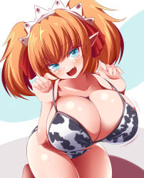 Rule 34 | 1girl, :d, absurdres, alternate breast size, animal print, bikini, blue eyes, blush, breasts, cleavage, cow print, fairy, fairy wings, fang, gero zoukin, hair ribbon, highres, huge breasts, open mouth, oppai loli, orange hair, pointy ears, print bikini, ribbon, short hair, skin fang, smile, solo, strap lift, sunny milk, swimsuit, touhou, twintails, wings