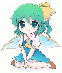 Rule 34 | ascot, blue dress, bow, daiyousei, dress, fairy, fairy wings, green eyes, green hair, hair bow, highres, light blush, rei (tonbo0430), shoes, short sleeves, side ponytail, sitting, smile, socks, tagme, touhou, wariza, white background, wings, yellow ascot, yellow bow
