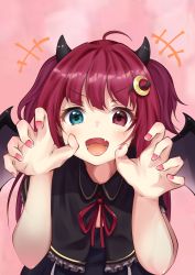 Rule 34 | 1girl, absurdres, ahoge, bad id, bad pixiv id, blue eyes, blush, capelet, commentary request, crescent, crescent hair ornament, demon girl, demon horns, demon wings, dress, fang, hair ornament, heterochromia, highres, horns, kazanock, long hair, looking at viewer, nail polish, nijisanji, open mouth, pink background, pink nails, red eyes, red hair, red ribbon, ribbon, simple background, smile, solo, two side up, virtual youtuber, wings, yuzuki roa