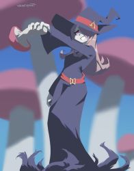 Rule 34 | 1girl, colored skin, food, grey skin, hair over one eye, hat, highres, holding, holding food, little witch academia, looking at viewer, mushroom, pink hair, red eyes, smile, solo, standing, sucy manbavaran, werfmight, witch, witch hat