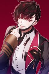 Rule 34 | 1boy, 7umaguro, :p, asymmetrical bangs, black coat, black hair, black mask, black shirt, breast pocket, brown hair, buttons, closed mouth, coat, collared shirt, commentary, ear piercing, earrings, hand up, highres, jewelry, lapels, long sleeves, looking at viewer, male focus, mask, mask pull, multicolored hair, nijisanji, nijisanji en, open clothes, open coat, parted bangs, piercing, pocket, red background, red eyes, red hair, shirt, short hair, simple background, smile, solo, spiked ear piercing, spikes, streaked hair, tassel, tongue, tongue out, turtleneck, two-sided fabric, upper body, ver vermillion, virtual youtuber, white shirt, wing collar