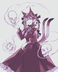 Rule 34 | 1girl, animal ear fluff, animal ears, black bow, bow, bowtie, braid, cat ears, cat tail, cowboy shot, dress, extra ears, fang, floating skull, gin fragrans, grey background, hair bow, hand up, highres, kaenbyou rin, long hair, long sleeves, monochrome, multiple tails, open mouth, simple background, skull, smile, solo, tail, touhou, twin braids, twintails, two tails