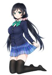 Rule 34 | 1girl, black thighhighs, bowtie, collared shirt, full body, green eyes, highres, legs together, long hair, love live!, love live! school idol project, miniskirt, nemuaki, shirt, simple background, skirt, solo, striped bow, striped bowtie, striped clothes, tagme, thighhighs, tojo nozomi, uniform, white background, zettai ryouiki