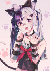 Rule 34 | 1girl, absurdres, animal ears, bad id, bad pixiv id, bandaid, bandaid on face, bandaid on nose, bare shoulders, black bow, black collar, black nails, black shirt, black tail, blush, bow, cat, cat ears, cat tail, choker, claw pose, collar, collarbone, commentary request, derivative work, detached sleeves, fangs, hair bow, hair ornament, hands up, harui (huruyi 817), heart, heart choker, highres, long hair, looking at viewer, lower teeth only, multicolored hair, multicolored tail, nail polish, neckerchief, open mouth, original, paw print, red eyes, sailor collar, shirt, skull hair ornament, sleeveless, sleeveless shirt, smile, solo, split-color hair, streaked hair, striped sleeves, tail, teeth, twintails, two-tone hair, white bow, white hair, white tail