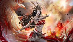 Rule 34 | 1girl, artist request, bare legs, bird, black hair, cai lin (doupo cangqiong), closed mouth, doupo cangqiong, earrings, fire, hair ornament, highres, jewelry, leg up, long hair, phoenix, red skirt, red tank top, second-party source, skirt, smoke, solo, tank top, whip