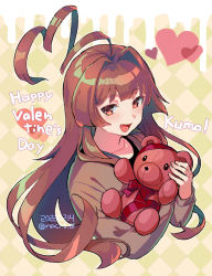 Rule 34 | 1girl, ahoge, artist name, banned artist, brown eyes, brown hair, brown jacket, collarbone, fang, happy valentine, heart, heart ahoge, huge ahoge, jacket, kantai collection, kuma (kancolle), long hair, long sleeves, nacht (nacht 01), official alternate costume, open mouth, smile, solo, stuffed animal, stuffed toy, teddy bear, twitter username, upper body, valentine