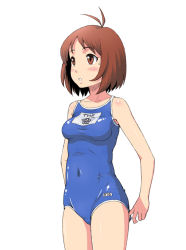Rule 34 | 00s, 1girl, adjusting clothes, adjusting swimsuit, antenna hair, blue one-piece swimsuit, blush, brown eyes, brown hair, covered navel, hidaka ai, idolmaster, idolmaster dearly stars, minazuki tsuyuha, name tag, one-piece swimsuit, parted lips, school swimsuit, short hair, simple background, solo, swimsuit, white background
