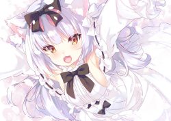 Rule 34 | animal ears, armpits, arms up, azur lane, black ribbon, blush, bow, breasts, brown eyes, cat ears, center frills, collar, commentary request, dress, fang, frilled collar, frilled dress, frilled sleeves, frills, from above, hair between eyes, hair bow, hair ribbon, highres, long hair, looking at viewer, mayusaki yuu, medium breasts, open mouth, ribbon, silver hair, simple background, smile, solo, third-party source, white background, white dress, white ribbon, yukikaze (azur lane), yukikaze (sovereign of the swing) (azur lane)