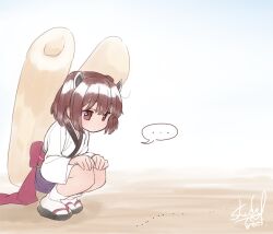 Rule 34 | ..., 1girl, ant, brown hair, bug, closed mouth, commentary request, dirt, dot mouth, full body, hands on own knees, headgear, highres, insect, japanese clothes, kimono, kiritanpo (food), long sleeves, looking at animal, medium hair, obi, obiage, obijime, oversized food, oversized object, pleated skirt, purple skirt, red eyes, sandals, sash, shade of trees, short kimono, skirt, socks, solo, spoken ellipsis, squatting, staring, tabi, touhoku kiritan, twintails, voiceroid, white background, white kimono, white socks, zouri