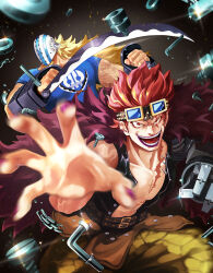 Rule 34 | 2boys, artist request, blonde hair, coat, eustass kid, evil grin, evil smile, fighting, fur coat, grin, helmet, highres, holding, holding weapon, killer (one piece), large pectorals, manly, mechanical arms, multiple boys, muscular, one piece, pectorals, perspective, red background, red hair, scar, scar on chest, scar on face, single mechanical arm, smile, solo, weapon