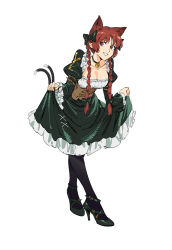 Rule 34 | 1girl, absurdres, animal ears, black pantyhose, braid, breasts, brown eyes, brown hair, cat ears, cat tail, cleavage, corset, dress, full body, green footwear, green skirt, high heels, highres, juliet sleeves, kaenbyou rin, large breasts, leaning forward, long hair, long sleeves, looking at viewer, multiple tails, nekomata, pantyhose, puffy sleeves, ruukii drift, simple background, skirt, skirt hold, smile, solo, strappy heels, tail, touhou, twin braids, two tails, white background