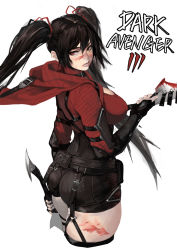 Rule 34 | 1girl, ass, belt pouch, black garter straps, black hair, black shorts, blood, blood on face, bloody weapon, breasts, cape, commentary, copyright name, dark avengers 3, dual wielding, english commentary, garter straps, hair ornament, hair scrunchie, high-waist shorts, highres, holding, holding weapon, large breasts, lips, long hair, looking back, meme attire, nexon, nose, open-chest sweater, pale skin, pouch, red cape, red eyes, red sweater, scrunchie, short sword, shorts, simple background, solo, strap, sweater, sword, turtleneck, turtleneck sweater, twintails, unizama, weapon, white background