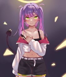 Rule 34 | 1girl, ahoge, bad id, bad twitter id, bare shoulders, belt, black background, black shorts, black tank top, blush, breasts, crop top, cropped jacket, demon tail, ear piercing, green eyes, halo, highres, hololive, jacket, long hair, long sleeves, looking at viewer, midriff, multicolored hair, navel, off-shoulder jacket, off shoulder, piercing, pink hair, purple hair, short shorts, shorts, sidelocks, simple background, smile, solo, strap slip, tail, tail ornament, tail piercing, tank top, tenpura noraneko, tokoyami towa, twintails, two-tone hair, virtual youtuber, white jacket