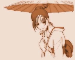 Rule 34 | 1girl, japanese clothes, katou ryouichi, kimono, monochrome, oil-paper umbrella, orange theme, solo, umbrella