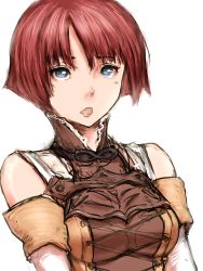 Rule 34 | 1girl, :o, bare shoulders, blue eyes, blush, bob cut, choker, corset, detached sleeves, fumio (rsqkr), looking at viewer, open mouth, parted bangs, red hair, shirokishi monogatari, short hair, simple background, solo, turtleneck, upper body, white background, yulie, yulie (shirokishi monogatari), yulie (white knight chronicles)