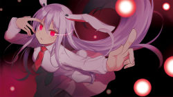 Rule 34 | 1girl, animal ears, beni kurage, blouse, breasts, collared shirt, commentary request, danmaku, glowing, glowing eyes, hair between eyes, hand over eye, highres, large breasts, long hair, long sleeves, nail polish, necktie, pink skirt, pleated skirt, pointing, purple hair, rabbit ears, rabbit tail, red eyes, reisen udongein inaba, shirt, skirt, solo, tail, touhou, very long hair, white shirt
