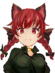 Rule 34 | &gt;:(, 1girl, animal ears, bell, black bow, bow, braid, breasts, cat ears, choker, dress, extra ears, fang, frown, green dress, hair bow, highres, jingle bell, kaenbyou rin, large breasts, looking at viewer, lumo 1121, neck bell, pointy ears, red eyes, red hair, slit pupils, solo, touhou, twin braids, upper body, v-shaped eyebrows, wide-eyed
