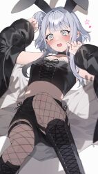 Rule 34 | 1girl, animal ears, black camisole, black choker, black footwear, black shorts, blush, boots, breasts, camisole, choker, collarbone, commentary, crop top, detached sleeves, fake animal ears, fishnet pantyhose, fishnet thighhighs, fishnets, frills, grey eyes, grey hair, hair bun, hands up, highres, jewelry, leg up, long hair, looking at another, lvemhrd, lying, midriff, necklace, nontraditional playboy bunny, on back, open mouth, original, pantyhose, rabbit ears, ring, ring necklace, shorts, silhouette, sleeves past wrists, small breasts, solo, star (symbol), stomach, sweatdrop, thick eyebrows, thigh strap, thighhighs, wide sleeves
