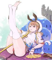 Rule 34 | 1girl, atelier (series), atelier ryza, atelier ryza 1, between legs, blush, bow, breasts, brown hair, cameltoe, coin, commentary, feet, gold coin, hair bow, hat, large breasts, legs up, looking at viewer, no shoes, reclining, reisalin stout, sakurada, slime (creature), solo, sweat, thick thighs, thighhighs, thighs, toeless legwear, white thighhighs
