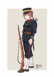 Rule 34 | 1girl, artist name, black jacket, black pants, border, brown hair, dated, hat, highres, holding, holding weapon, imperial japanese army, jacket, long sleeves, military, military hat, military uniform, original, pants, ponytail, qian, smile, solo, arisaka, uniform, weapon, white border
