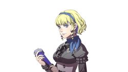 Rule 34 | 1girl, blonde hair, blue eyes, blue hair, constance von nuvelle, corset, earrings, fire emblem, fire emblem: three houses, garreg mach monastery uniform, hairband, hand fan, highres, jewelry, kurahana chinatsu, looking at viewer, multicolored hair, nintendo, official art, scarf, simple background, solo, two-tone hair, upper body, white background
