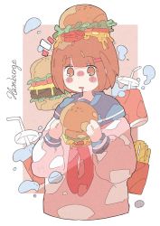 Rule 34 | 1girl, absurdres, blue sailor collar, brown eyes, brown hair, burger, cheese, cup, english text, food, french fries, haru57928031, highres, holding, holding food, long sleeves, neckerchief, original, puffy long sleeves, puffy sleeves, red neckerchief, sailor collar, shirt, short hair, signature, solo, upper body, white shirt