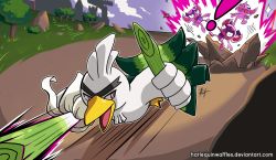 Rule 34 | !, absurdres, action, attack, battle, bird, castle, commentary, creatures (company), deviantart username, duck, english commentary, fangs, food, forest, game freak, gen 8 pokemon, grass, harlequinwaffles, highres, holding, holding food, holding spring onion, holding vegetable, impidimp, looking at viewer, nature, nintendo, no humans, open mouth, outdoors, pokemon, pokemon (creature), red eyes, road, signature, sirfetch&#039;d, speed lines, spring onion, tongue, tongue out, tree, vegetable, watermark, web address