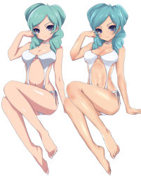 Rule 34 | 1girl, aqua hair, arm support, barefoot, beta (inazuma eleven), breasts, choker, feet, full body, hand in own hair, inazuma eleven, inazuma eleven (series), inazuma eleven go, inazuma eleven go chrono stone, long hair, looking at viewer, mataro (matarou), medium breasts, navel, o-ring, o-ring swimsuit, plantar flexion, purple eyes, simple background, sitting, smile, solo, swimsuit, toes, white background