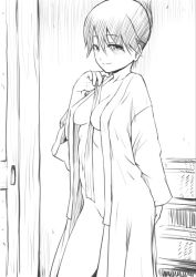 Rule 34 | 10s, 1girl, between breasts, blush, breasts, cowboy shot, female focus, greyscale, hair between eyes, houshou (kancolle), indoors, kantai collection, looking at viewer, medium breasts, monochrome, naked robe, open clothes, open robe, robe, short hair, smile, solo, standing, takayama chihiro, white background