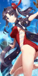 Rule 34 | 1girl, black hair, black jacket, blue eyes, blue sky, blurry, blurry background, blush, closed mouth, cloud, cloudy sky, commentary request, day, depth of field, fate/grand order, fate (series), gabiran, highres, horns, jacket, long hair, looking at viewer, looking to the side, mask, mask on head, md5 mismatch, one-piece swimsuit, outdoors, outstretched arms, parted bangs, puffy short sleeves, puffy sleeves, red one-piece swimsuit, resolution mismatch, short sleeves, side ponytail, single horn, sky, smile, solo, spread arms, standing, standing on one leg, swimsuit, tengu mask, ushiwakamaru (fate), ushiwakamaru (swimsuit assassin) (third ascension) (fate), very long hair