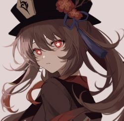 Rule 34 | 1girl, black hat, bright pupils, brown coat, brown hair, coat, commentary, flower, flower-shaped pupils, genshin impact, hair between eyes, hat, hat ornament, highres, hu tao (genshin impact), long hair, looking at viewer, looking back, multicolored hair, nozz177, parted lips, plum blossoms, porkpie hat, red eyes, red hair, simple background, solo, symbol-shaped pupils, tassel, two-tone hair, upper body, white pupils