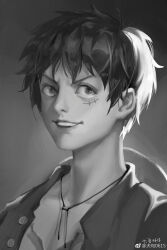 Rule 34 | 1boy, absurdres, artist name, black eyes, black hair, chinese text, facial scar, greyscale, hat, highres, male focus, monkey d. luffy, monochrome, one piece, open clothes, open mouth, quan ju, realistic, scar, scar on cheek, scar on chest, scar on face, short hair, signature, smile, solo, straw hat, teeth, third-party source, unworn hat, unworn headwear, weibo logo, weibo watermark