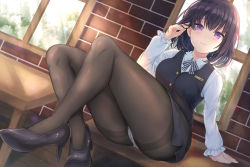 Rule 34 | 1girl, absurdres, arm support, black pantyhose, black vest, blush, bow, bowtie, breasts, collared shirt, crossed ankles, day, high heels, highres, indoors, light smile, looking at viewer, nagare yoshimi, name tag, original, panties, panties under pantyhose, pantyhose, purple eyes, purple footwear, purple hair, shirt, short hair, sitting, skirt, solo, table, thighband pantyhose, underwear, vest, white shirt, window