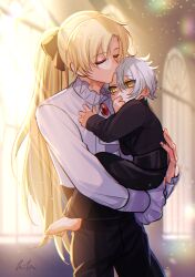 Rule 34 | 2boys, aged down, barefoot, black ribbon, blonde hair, character request, child, frills, from side, glint, hair ribbon, high ponytail, hiki yuichi, hug, jewelry, kiss, kissing forehead, light particles, light rays, long hair, male focus, multiple boys, oujitachi no insan, ribbon, short hair, sparkle, white hair, yellow eyes